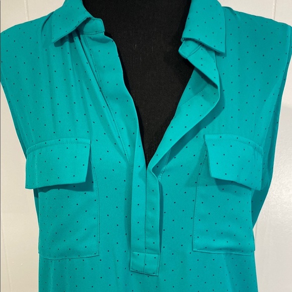 LOFT Blouse Sleeveless Pockets Polka Dot Mixed Media Teal Size Large - Picture 7 of 8